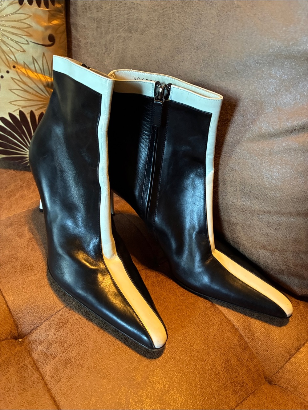 Ralph Lauren Black Leather Ankle Boots with White Trim